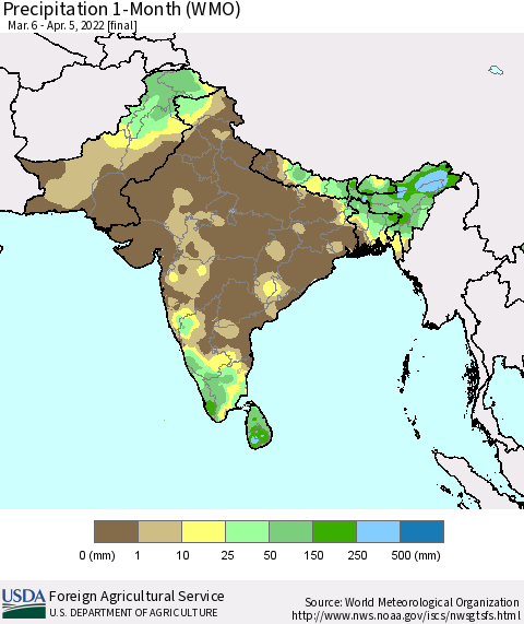 Southern Asia Precipitation 1-Month (WMO) Thematic Map For 3/6/2022 - 4/5/2022