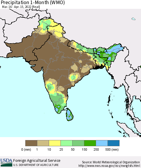Southern Asia Precipitation 1-Month (WMO) Thematic Map For 3/16/2022 - 4/15/2022