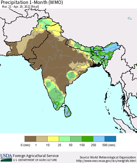 Southern Asia Precipitation 1-Month (WMO) Thematic Map For 3/21/2022 - 4/20/2022