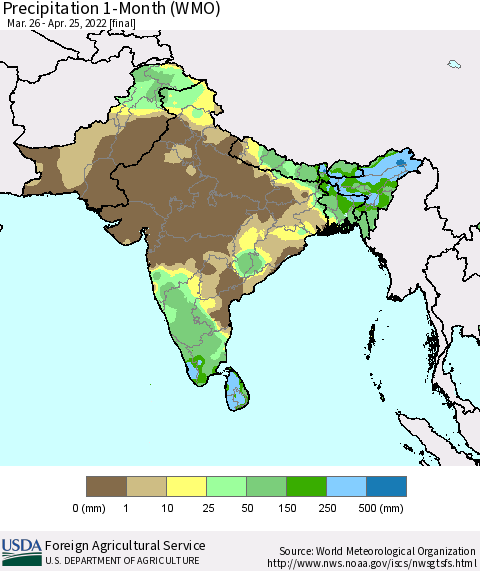 Southern Asia Precipitation 1-Month (WMO) Thematic Map For 3/26/2022 - 4/25/2022
