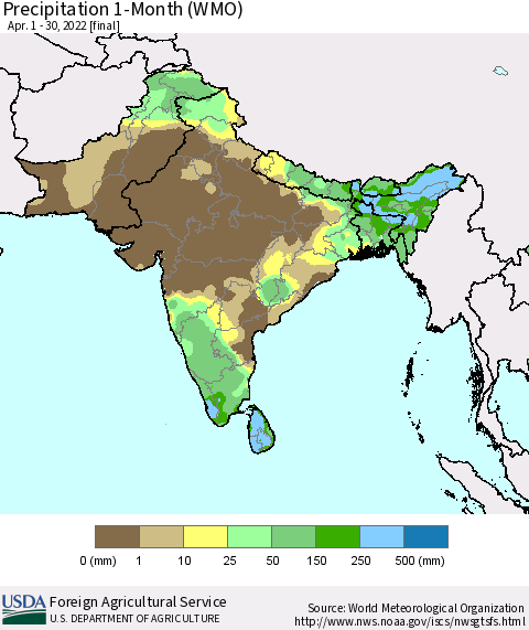 Southern Asia Precipitation 1-Month (WMO) Thematic Map For 4/1/2022 - 4/30/2022