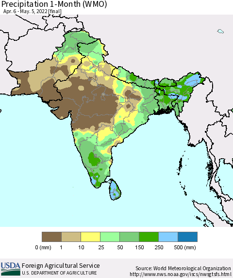 Southern Asia Precipitation 1-Month (WMO) Thematic Map For 4/6/2022 - 5/5/2022