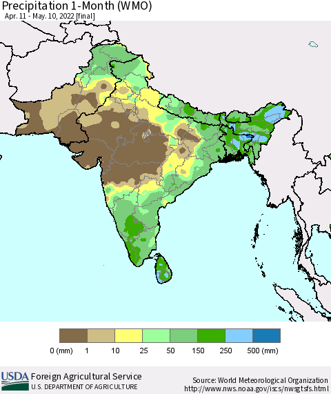 Southern Asia Precipitation 1-Month (WMO) Thematic Map For 4/11/2022 - 5/10/2022