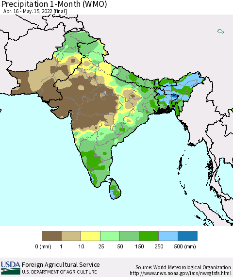 Southern Asia Precipitation 1-Month (WMO) Thematic Map For 4/16/2022 - 5/15/2022