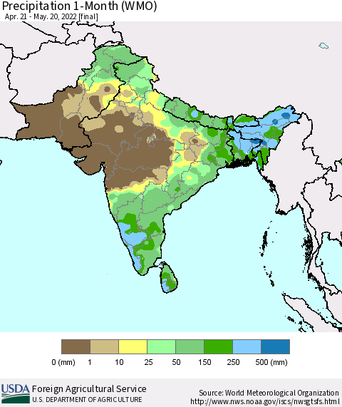 Southern Asia Precipitation 1-Month (WMO) Thematic Map For 4/21/2022 - 5/20/2022