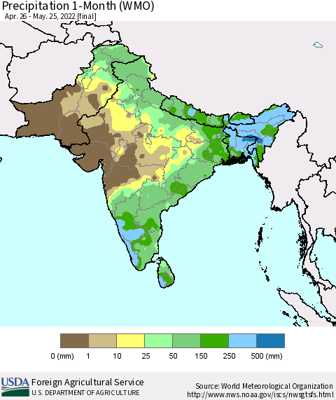 Southern Asia Precipitation 1-Month (WMO) Thematic Map For 4/26/2022 - 5/25/2022
