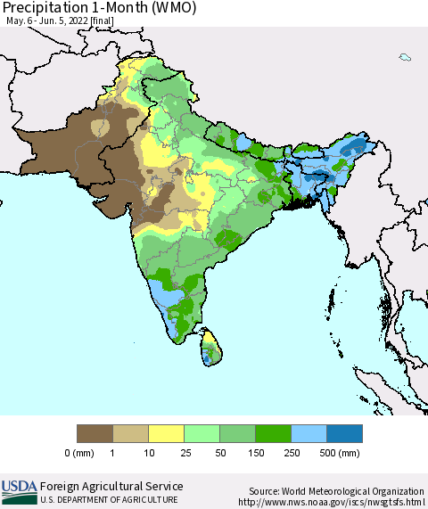 Southern Asia Precipitation 1-Month (WMO) Thematic Map For 5/6/2022 - 6/5/2022