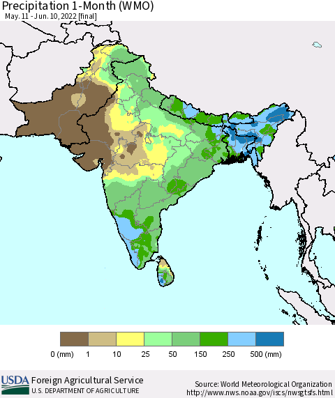 Southern Asia Precipitation 1-Month (WMO) Thematic Map For 5/11/2022 - 6/10/2022