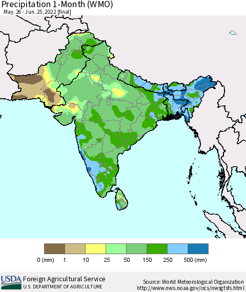 Southern Asia Precipitation 1-Month (WMO) Thematic Map For 5/26/2022 - 6/25/2022