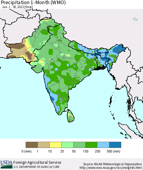Southern Asia Precipitation 1-Month (WMO) Thematic Map For 6/1/2022 - 6/30/2022