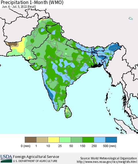 Southern Asia Precipitation 1-Month (WMO) Thematic Map For 6/6/2022 - 7/5/2022