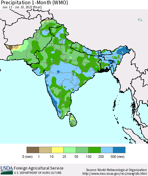 Southern Asia Precipitation 1-Month (WMO) Thematic Map For 6/11/2022 - 7/10/2022