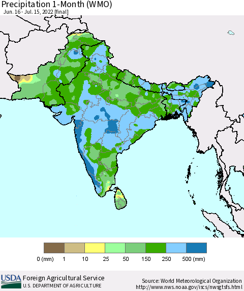 Southern Asia Precipitation 1-Month (WMO) Thematic Map For 6/16/2022 - 7/15/2022