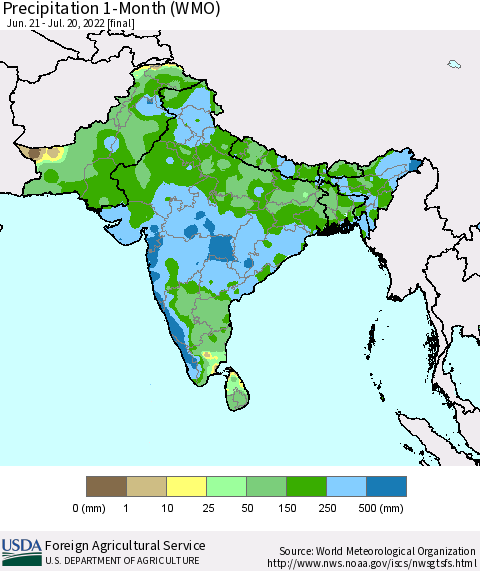 Southern Asia Precipitation 1-Month (WMO) Thematic Map For 6/21/2022 - 7/20/2022