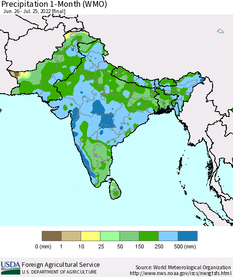 Southern Asia Precipitation 1-Month (WMO) Thematic Map For 6/26/2022 - 7/25/2022