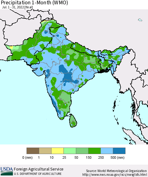 Southern Asia Precipitation 1-Month (WMO) Thematic Map For 7/1/2022 - 7/31/2022