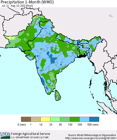 Southern Asia Precipitation 1-Month (WMO) Thematic Map For 7/11/2022 - 8/10/2022