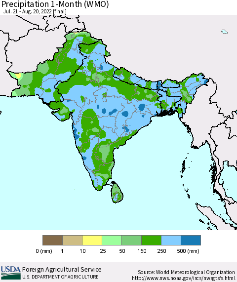 Southern Asia Precipitation 1-Month (WMO) Thematic Map For 7/21/2022 - 8/20/2022