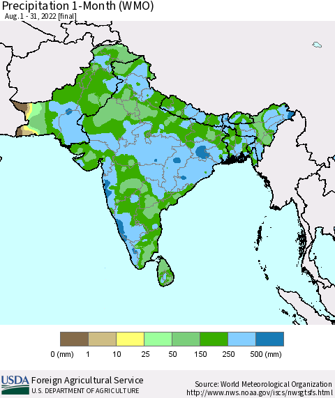 Southern Asia Precipitation 1-Month (WMO) Thematic Map For 8/1/2022 - 8/31/2022