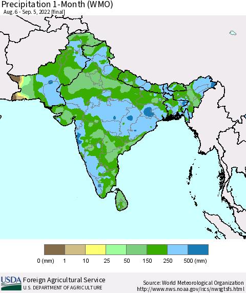Southern Asia Precipitation 1-Month (WMO) Thematic Map For 8/6/2022 - 9/5/2022