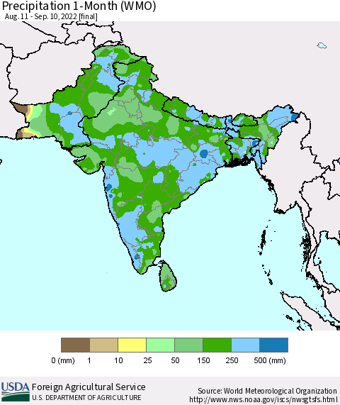 Southern Asia Precipitation 1-Month (WMO) Thematic Map For 8/11/2022 - 9/10/2022