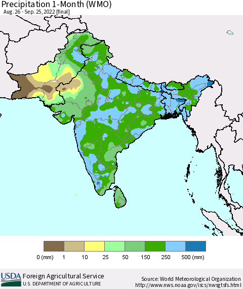 Southern Asia Precipitation 1-Month (WMO) Thematic Map For 8/26/2022 - 9/25/2022