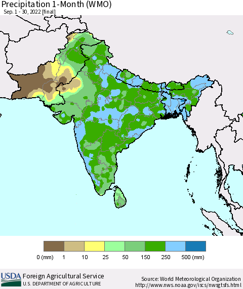 Southern Asia Precipitation 1-Month (WMO) Thematic Map For 9/1/2022 - 9/30/2022