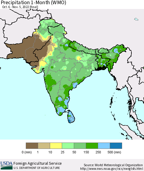 Southern Asia Precipitation 1-Month (WMO) Thematic Map For 10/6/2022 - 11/5/2022