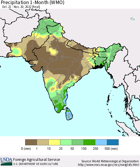Southern Asia Precipitation 1-Month (WMO) Thematic Map For 10/21/2022 - 11/20/2022