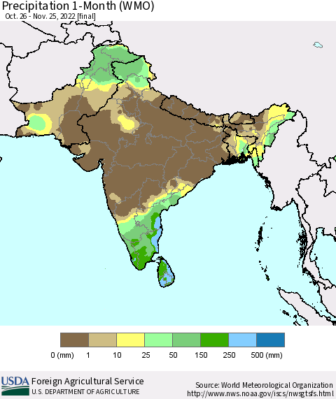 Southern Asia Precipitation 1-Month (WMO) Thematic Map For 10/26/2022 - 11/25/2022