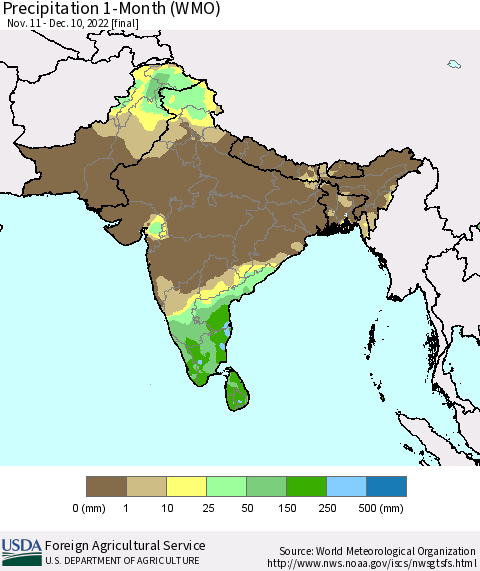 Southern Asia Precipitation 1-Month (WMO) Thematic Map For 11/11/2022 - 12/10/2022