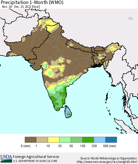 Southern Asia Precipitation 1-Month (WMO) Thematic Map For 11/26/2022 - 12/25/2022