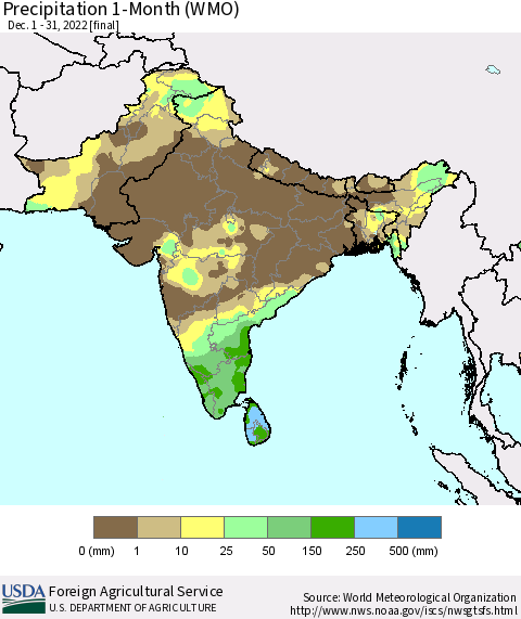 Southern Asia Precipitation 1-Month (WMO) Thematic Map For 12/1/2022 - 12/31/2022