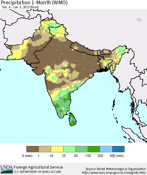 Southern Asia Precipitation 1-Month (WMO) Thematic Map For 12/6/2022 - 1/5/2023