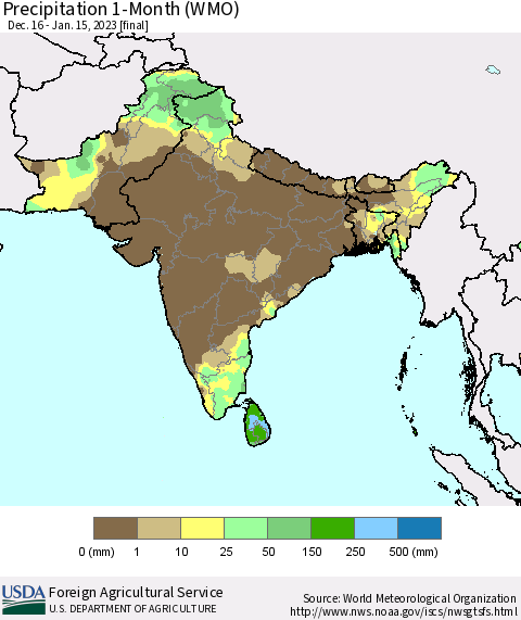 Southern Asia Precipitation 1-Month (WMO) Thematic Map For 12/16/2022 - 1/15/2023