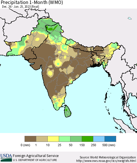 Southern Asia Precipitation 1-Month (WMO) Thematic Map For 12/26/2022 - 1/25/2023