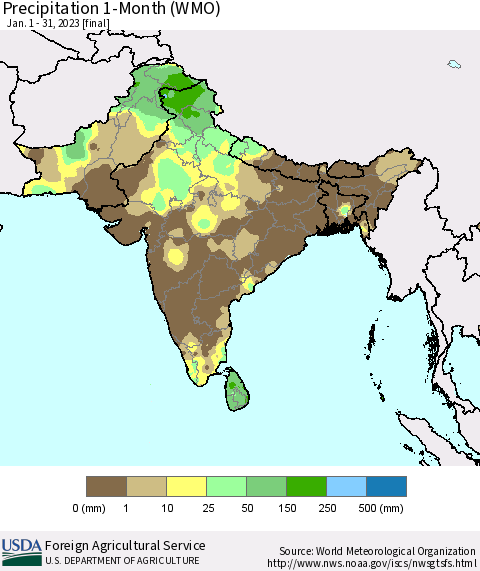 Southern Asia Precipitation 1-Month (WMO) Thematic Map For 1/1/2023 - 1/31/2023