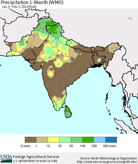 Southern Asia Precipitation 1-Month (WMO) Thematic Map For 1/6/2023 - 2/5/2023