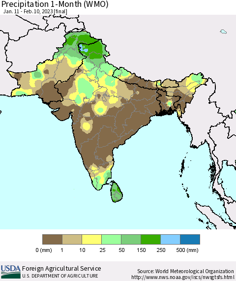 Southern Asia Precipitation 1-Month (WMO) Thematic Map For 1/11/2023 - 2/10/2023