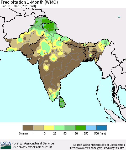 Southern Asia Precipitation 1-Month (WMO) Thematic Map For 1/16/2023 - 2/15/2023