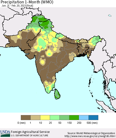 Southern Asia Precipitation 1-Month (WMO) Thematic Map For 1/21/2023 - 2/20/2023