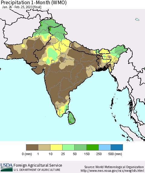 Southern Asia Precipitation 1-Month (WMO) Thematic Map For 1/26/2023 - 2/25/2023