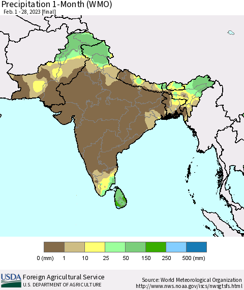 Southern Asia Precipitation 1-Month (WMO) Thematic Map For 2/1/2023 - 2/28/2023
