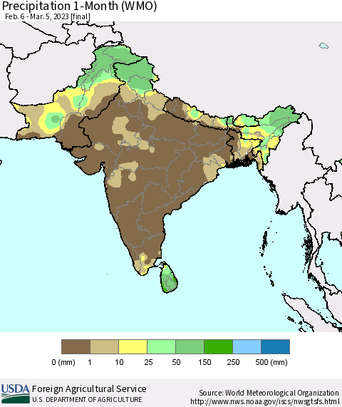 Southern Asia Precipitation 1-Month (WMO) Thematic Map For 2/6/2023 - 3/5/2023