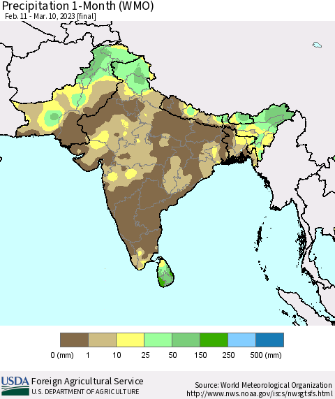 Southern Asia Precipitation 1-Month (WMO) Thematic Map For 2/11/2023 - 3/10/2023