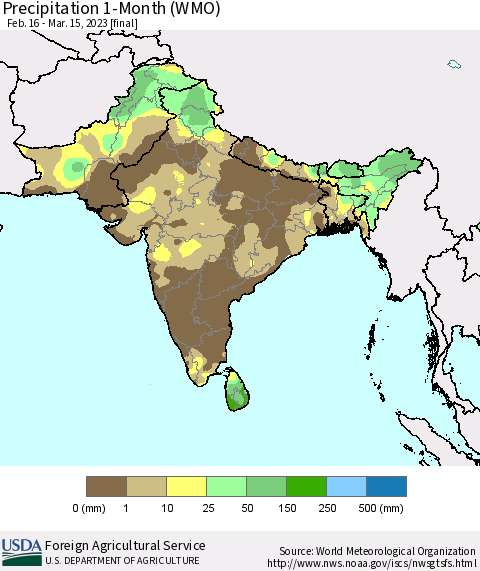 Southern Asia Precipitation 1-Month (WMO) Thematic Map For 2/16/2023 - 3/15/2023