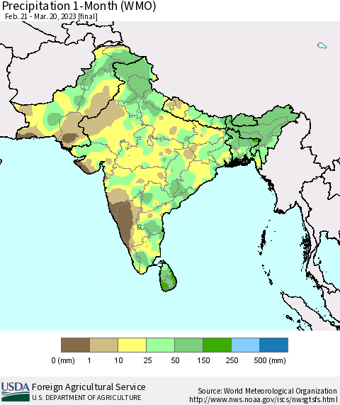 Southern Asia Precipitation 1-Month (WMO) Thematic Map For 2/21/2023 - 3/20/2023