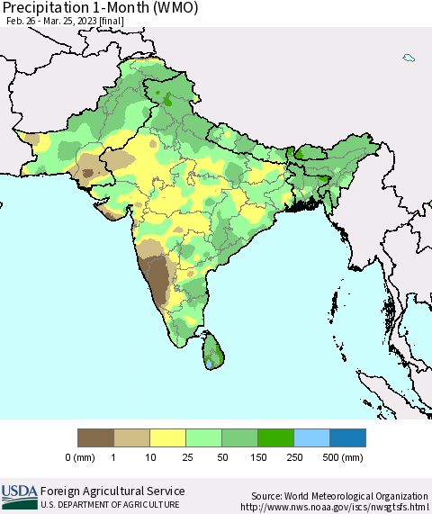 Southern Asia Precipitation 1-Month (WMO) Thematic Map For 2/26/2023 - 3/25/2023