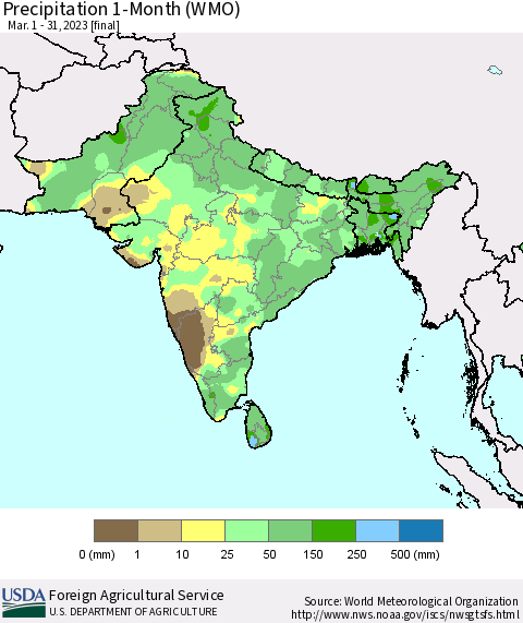 Southern Asia Precipitation 1-Month (WMO) Thematic Map For 3/1/2023 - 3/31/2023