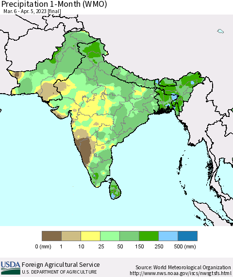 Southern Asia Precipitation 1-Month (WMO) Thematic Map For 3/6/2023 - 4/5/2023